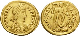 Honorius, 393-423. Solidus (Gold, 21 mm, 4.45 g, 12 h), Ravenna, 402-406. D N HONORIVS P F AVG Pearl-diademed, draped and cuirassed bust of Honorius t...
