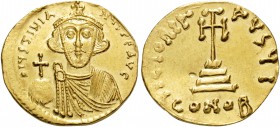 Justinian II, First reign, 685-695. Solidus (Gold, 19 mm, 4.30 g, 6 h), Constantinople 10th officina, 686-687. D IUSTINIA-NUS PE AV Crowned and bearde...