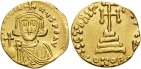 Justinian II, First reign, 685-695. Solidus (Gold, 19 mm, 4.36 g, 7 h), Constantinople 4th officina, 687-692. D IUSTINIA-NUS PE AV Crowned and bearded...