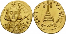 Tiberius III (Apsimar), 698-705. Solidus (Gold, 20 mm, 4.47 g, 6 h), Constantinople. d TIbERIY S PE AV Crowned and cuirassed bust of Tiberius III faci...