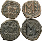 Leo III the "Isaurian", with Constantine V, 717-741. 40 Nummia or Follis (Bronze, 10.64 g), Constantinople, 717-741. Lot of 2 Bronze Coins. 1 . 24 mm,...