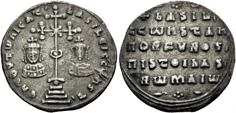 Basil II Bulgaroktonos, with Constantine VIII, 976-1025. Miliaresion (Silver, 22...