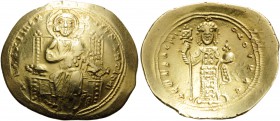 Constantine X Ducas, 1059-1067. Histamenon (Gold, 25 mm, 4.37 g, 6 h), Constantinople. +IhI XIS REX REGNANTIhm Christ, nimbate, seated facing on strai...