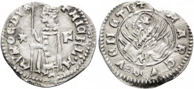 ITALY. Venezia (Venice) . Michele Morosini, 1382. (Silver, 17 mm, 0.50 g, 11 h), Soldino. +MICHL' M-A VROC DVX Doge kneeling left, holding banner; to ...