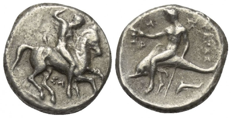 Kalabrien. Tarent.

 Didrachme oder Nomos (Silber). Ca. 315 - 302 v. Chr.
Vs:...