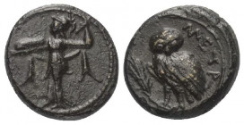 Lukanien. Metapont.

 Bronze. Ca. 250 - 207 v. Chr.
Vs: Athena Promachos mit Speer und Schild nach links stehend.
Rs: META. Eule auf Kornähre nach...