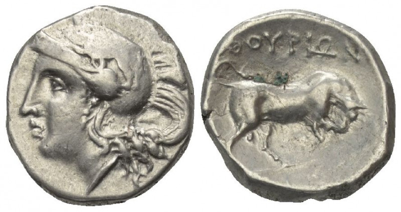Lukanien. Thourioi.

 Nomos (Silber). Ca. 350 - 300 v. Chr.
Vs: Kopf der Athe...