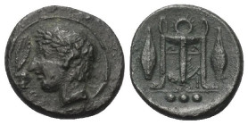 Sizilien. Leontinoi.

 Bronze (Trionkion). Ca. 405 - 402 v. Chr.
Vs: Kopf des Apollon mit Lorbeerkranz links, davor Lorbeerblatt.
Rs: Dreifuß zwis...