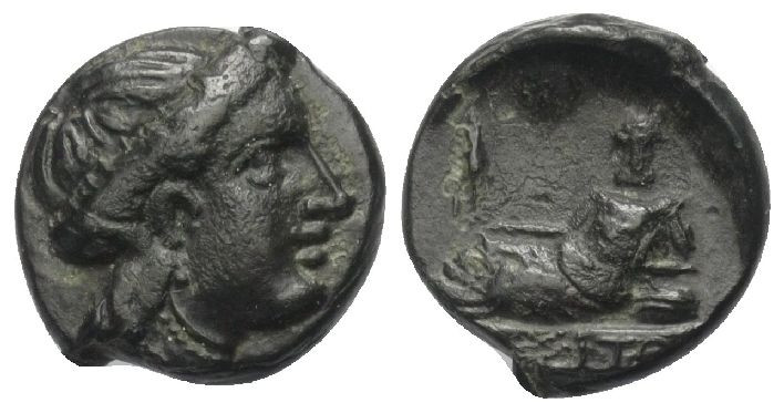 Moesia Inferior. Odessos.

 Bronze. 3. - 2. Jhdt. v. Chr.
Vs: Weiblicher Kopf...