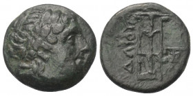 Thrakisch-Skythische Dynasten. Adaios (ca. 275 - 225 v. Chr.).

 Bronze. Kypsela.
Vs: Kopf des Apollon mit Lorbeerkranz rechts.
Rs: Dreifuß, links...