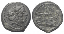 Anonyme Prägungen.

 Semuncia. 217 - 215 v. Chr. Rom.
Vs: Kopf des Merkur rechts.
Rs: ROMA. Schiffsprora rechts.

20 mm. 6,39 g. 

Cr. 38/7; S...