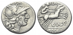 C. Valerius Flaccus.

 Denar (Silber). 140 v. Chr. Rom.
Vs: Kopf der Roma mit geflügeltem Helm rechts, dahinter Wertzeichen X.
Rs: FLAC / C VAL C ...