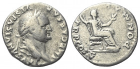 Vespasianus (69 - 79 n. Chr.).

 Denar (Silber). 74 n. Chr. Rom.
Vs: IMP CAESAR VESPASIANVS AVG. Kopf mit Lorbeerkranz rechts.
Rs: PON MAX TR P CO...