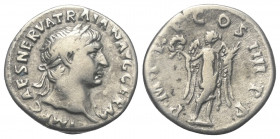 Traianus (98 - 117 n. Chr.).

 Denar (Silber). 101 - 111 n. Chr. Rom.
Vs: IMP CAES NERVA TRAIAN AVG GERM. Kopf mit Lorbeerkranz rechts.
Rs: P M TR...