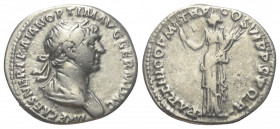 Traianus (98 - 117 n. Chr.).

 Denar (Silber). 116 - 117 n. Chr. Rom.
Vs: IMP CAES NER TRAIAN OPTIM AVG GERM DAC. Büste mit Lorbeerkranz und Paluda...