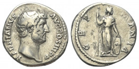 Hadrianus (117 - 138 n. Chr.).

 Denar (Silber). 136 n. Chr. Rom.
Vs: HADRIANVS AVG COS III P P. Büste mit Drapierung links.
Rs: GERMANIA. Germani...