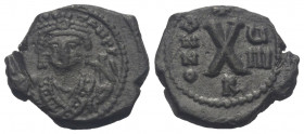 Mauricius Tiberius (582 - 602 n. Chr.).

 Dekanummion. 589/90 (Jahr 8). Antiochia (Theoupolis).
Vs: Gekrönte Büste mit Konsulargewand, Mappa und Ad...