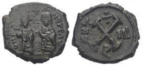 Phocas (602 - 610 n. Chr.).

 Dekanummion. 604 / 605 n. Chr. Antiochia (Theoupolis).
Vs: Phocas mit Leontia frontal nebeneinander stehend, Kaiser h...