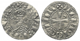 Antiochia - Fürstentum. Bohemund III. (1163 - 1201).

 Denar (Silber).
Vs: Helmbüste im Harnisch links.
Rs: Kreuz, im ersten Quadranten Halbmond....