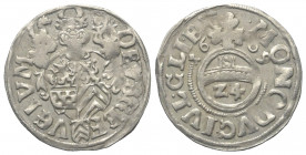 Ravensberg - Grafschaft. Johann Wilhelm von Jülich-Kleve-Berg (1592 - 1609).

 Groschen = 1/24 Taler (Silber). 1609.
20 mm. 1,58 g. 

Stange 152....