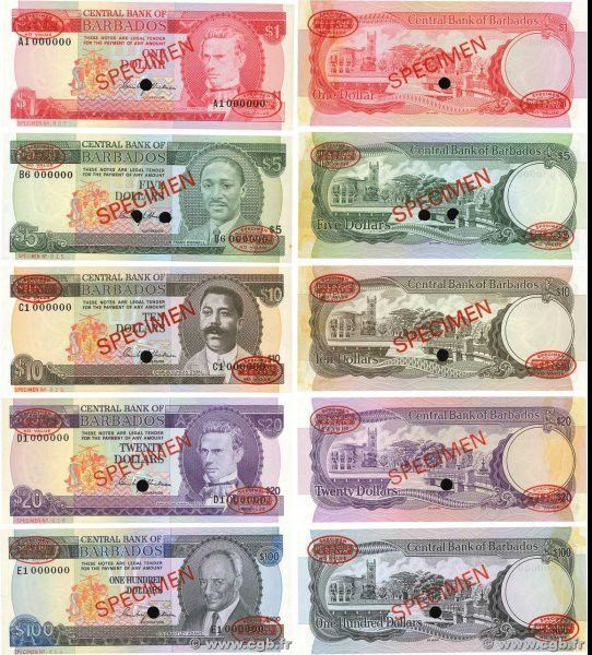 Country : BARBADOS 
Face Value : 1 à 100 Dollars Spécimen 
Date : (1973) 
Period...