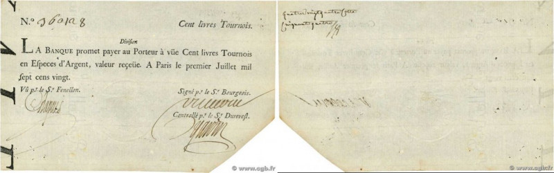 Country : FRANCE 
Face Value : 100 Livres Tournois  
Date : 01 juillet 1720 
Per...