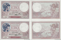 Country : FRANCE 
Face Value : 5 Francs FEMME CASQUÉE modifié Consécutifs 
Date : 02 novembre 1939 
Period/Province/Bank : Banque de France, XXe siècl...