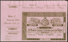 500 Reales. 14 de Mayo de 1857. Banco de Zaragoza. Serie C y con matriz. (Edifil 2021: 128B). Apresto original. SC.