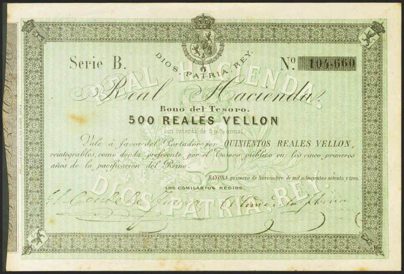 500 Reales de Vellón. Emisión Carlista emitida en Bayona. 1 Noviembre 1873. Seri...