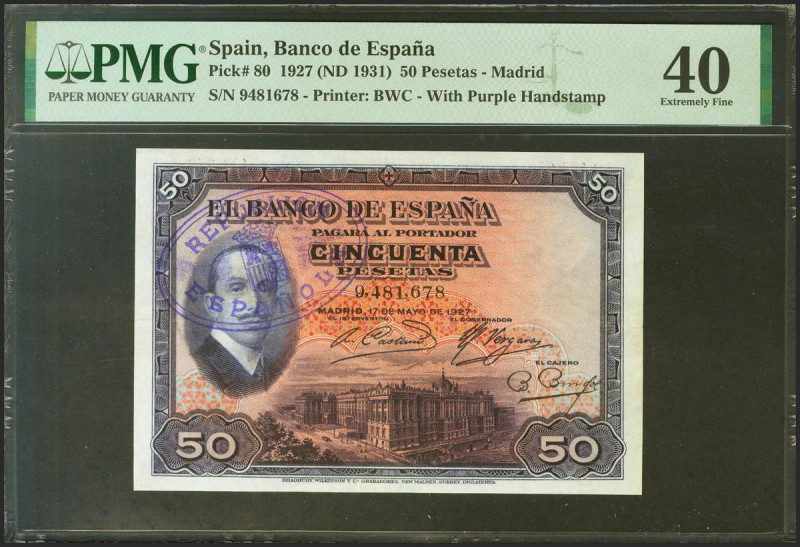 50 Pesetas. 17 de Mayo de 1927. Sin serie y sello de caucho REPUBLICA / ESPAÑOLA...