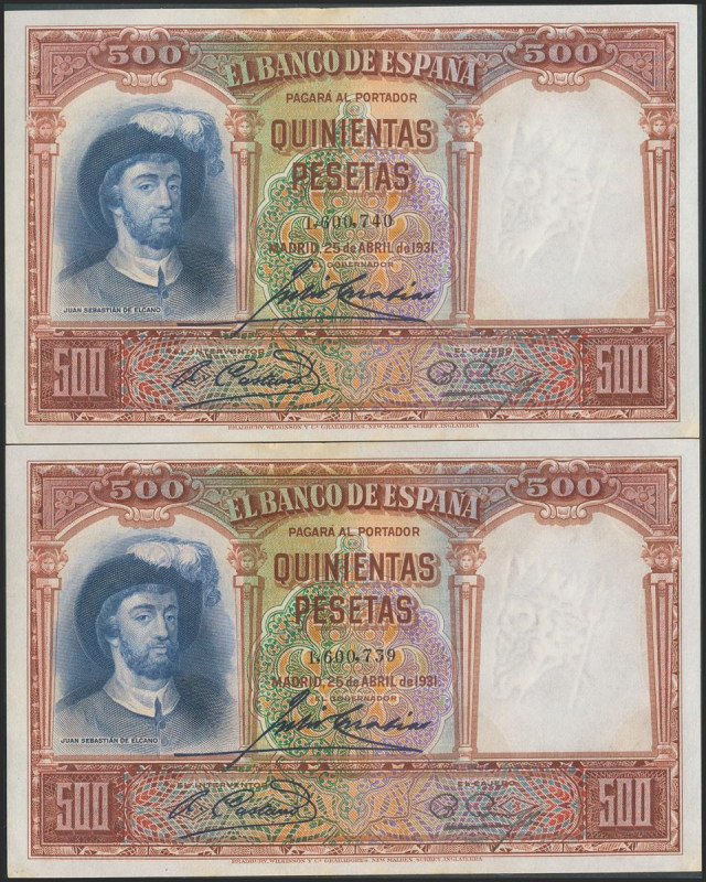 500 Pesetas. 25 de Abril de 1931. Pareja correlativa. Sin serie. (Edifil 2017: 3...