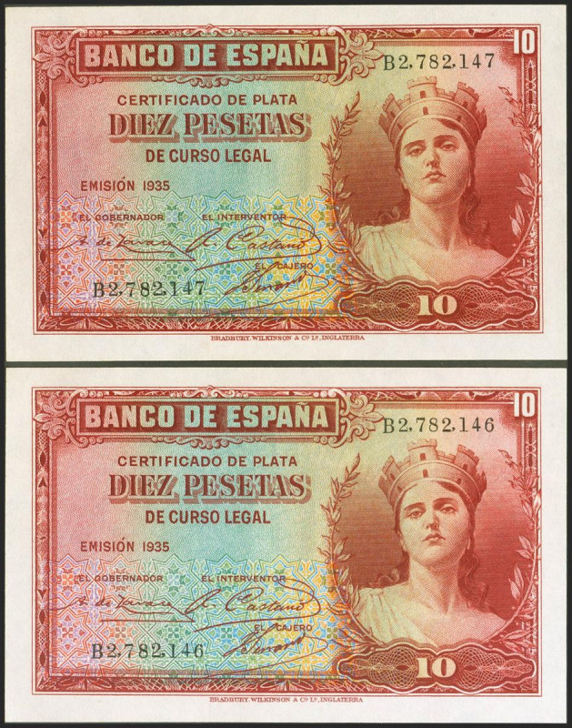 10 Pesetas. 1935. Pareja correlativa. Certificado de Plata. Serie B. (Edifil 202...