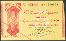 5 Pesetas. 30 de Agosto de 1936. Sucursal de Bilbao, antefirma del Banco de Vizcaya. Serie A. (Edifil 2021: 368Aa). Inusual, apresto original. EBC+.
