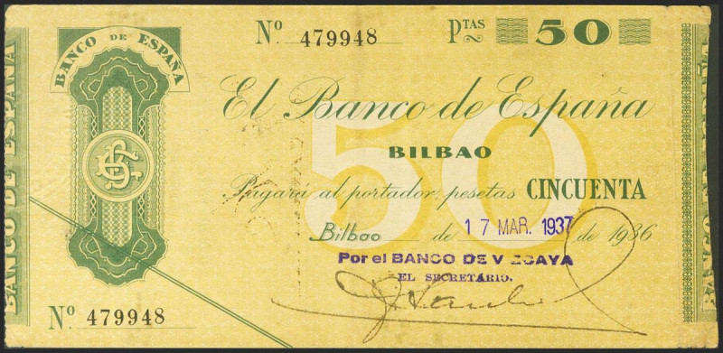 50 Pesetas. 1936. Sin serie. Sucursal de Bilbao y antefirma Banco de Vizcaya. (E...