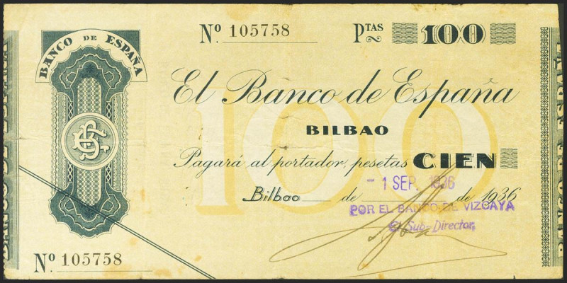 100 Pesetas. 1936. Sin serie. Sucursal de Bilbao y antefirma Banco de Vizcaya. (...