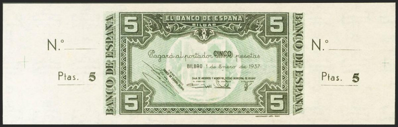 5 Pesetas. 1 de Enero de 1937. Sucursal de Bilbao, antefirma Caja de Ahorros y d...