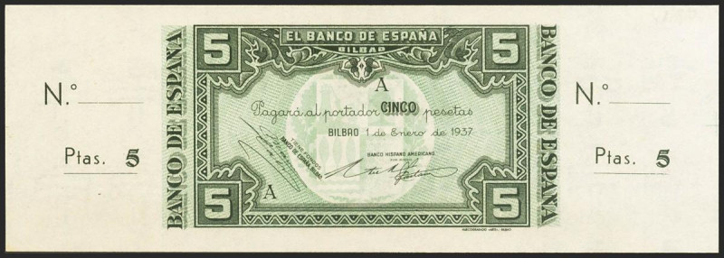 5 Pesetas. 1 de Enero de 1937. Sucursal de Bilbao, antefirma Banco Hispano Ameri...