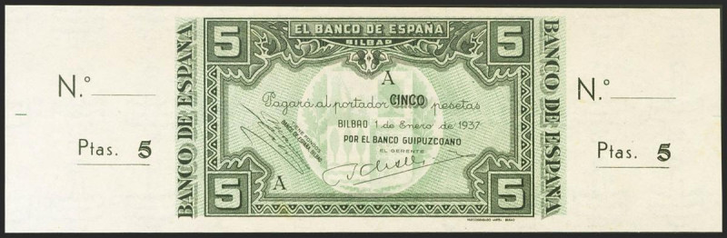 5 Pesetas. 1 de Enero de 1937. Sucursal de Bilbao, antefirma Banco Guipuzcoano. ...