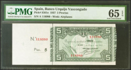 5 Pesetas. 1 de Enero de 1937. Serie A y antefirma Banco Urquijo Vascongado, matriz a la izquierda. (Edifil 2021: 386f, Pick: S561e). Apresto original...