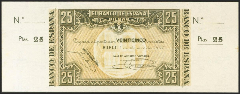 25 Pesetas. 1 de Enero de 1937. Sucursal de Bilbao, antefirma Caja de Vizcaína. ...