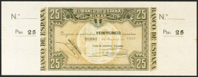 25 Pesetas. 1 de Enero de 1937. Sucursal de Bilbao, antefirma Caja de Vizcaína. Sin serie y sin numeración, con ambas matrices. (Edifil 2021: 388a). A...