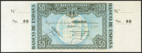 50 Pesetas. 1 de Enero de 1937. Sucursal de Bilbao, antefirma Banco de Bilbao. Sin serie y sin numeración, con ambas matrices. (Edifil 2021: 389a). Ap...