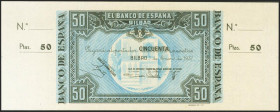 50 Pesetas. 1 de Enero de 1937. Sucursal de Bilbao, antefirma Banco de Vizcaya. Sin serie y sin numeración, con ambas matrices. (Edifil 2017: 389b). A...