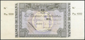 1000 Pesetas. 1 de Enero de 1937. Sucursal de Bilbao, antefirma Banco del Comercio. No emitido, sin serie y sin numeración, con ambas matrices. (Edifi...