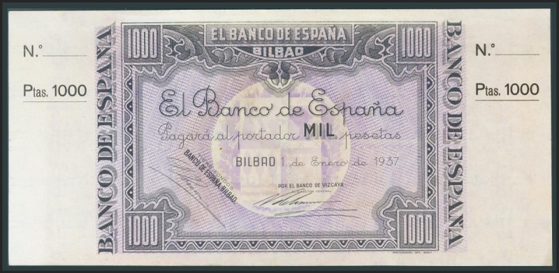1000 Pesetas. 1 de Enero de 1937. No Emitido. Sucursal de Bilbao, antefirma Banc...