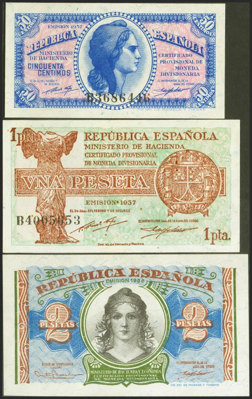 Conjunto de 3 billetes de 50 Céntimos, 1 Peseta y 2 Pesetas, emitidos por el Min...