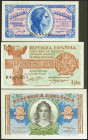 Conjunto de 3 billetes de 50 Céntimos, 1 Peseta y 2 Pesetas, emitidos por el Ministerio de Hacienda entre 1937 y 1938 Peseta, con las series B, B y A,...