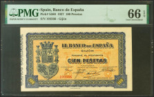 100 Pesetas. Septiembre 1937. Sucursal de Gijón. Sin serie. (Edifil 2021: 399, Pick: S580). Inusual en esta excepcional calidad, apresto original. SC....