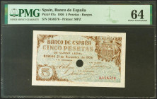 5 Pesetas. 21 de Noviembre de 1936. Sin serie y taladrado. (Edifil 2021: 417, Pick: 97a). Inusual, puntitos de grapa siempre presentes en los billetes...