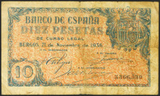 10 Pesetas. 21 de Noviembre de 1936. Sin serie. (Edifil 2021: 418). Inusual, sin reparaciones. MBC-.